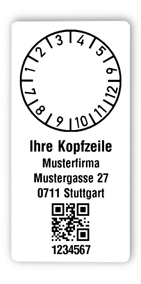 Prüfplakettenträger Material:Polyethylen-Folie hochglänzend weiß Größe:68x34mm Kopfzeile:"Ihr Wunschtext" Barcode:QR Stellenanzahl:7-stellig Ausführung:1 Etikette pro Nummer Menge:300