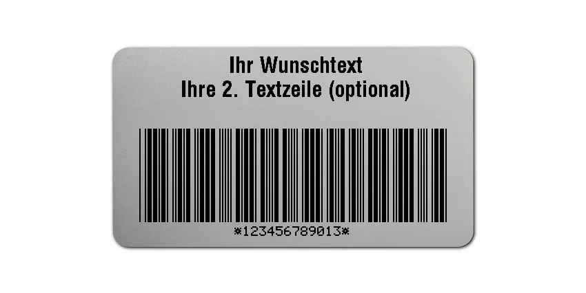 Inventaretiketten Universal Material:Folie silber matt Größe:45x25mm Kopfzeile:"Ihr Wunschtext" Barcode:Code 39 mit Prüfziffer Stellenanzahl:12-stellig Ausführung:1 Etikett pro Nummer Etiketten je Rolle:100