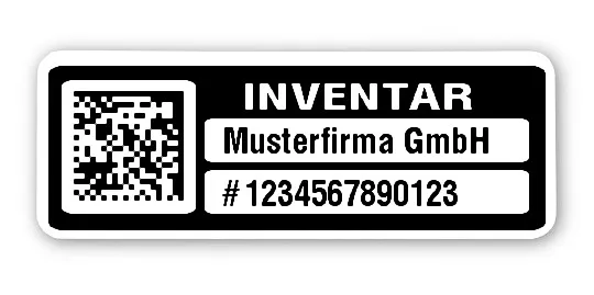 Inventaretiketten Material:Polyethylen-Folie hochglänzend weiß Größe:40x15mm Kopfzeile:"Ihr Wunschtext" Barcode:DataMatrix Stellenanzahl:13-stellig Menge:100