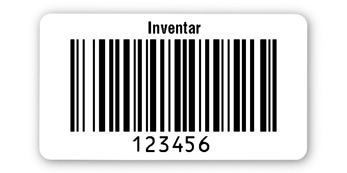 Inventaretiketten Universal Material:Folie weiß Größe:45x25mm Kopfzeile:"Inventar" Barcode:128B Stellenanzahl:6-stellig Ausführung:1 Etikett pro Nummer Etiketten je Rolle:1000