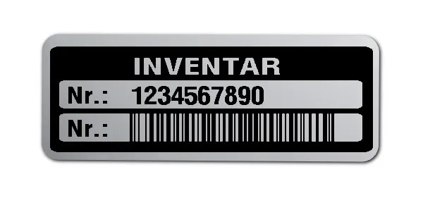 Inventaretiketten Material:Polyester-Folie Silberoptik matt Größe:40x15mm Kopfzeile:"Inventar" Barcode:128B Stellenanzahl:10-stellig Menge:500