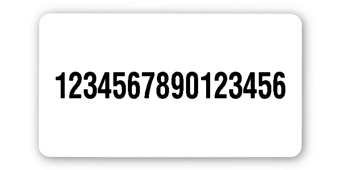 Universaletiketten Material:Polyethylen-Folie hochglänzend weiß Größe:45x25mm Kopfzeile:"ohne" Barcode:ohne Stellenanzahl:16-stellig Ausführung:1 Etikette pro Nummer Menge:500