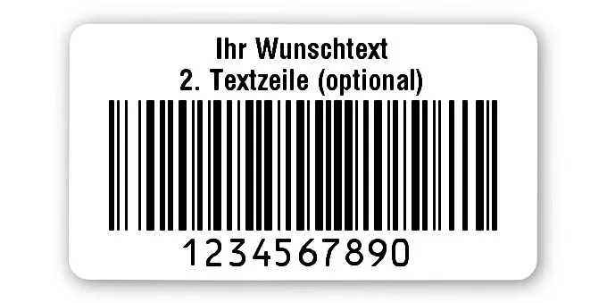 Prüfetiketten Material:Polyethylen-Folie hochglänzend weiß Größe:45x25mm Kopfzeile:"Ihr Wunschtext" Barcode:128B Stellenanzahl:10-stellig Ausführung:1 Etikette pro Nummer Menge:500