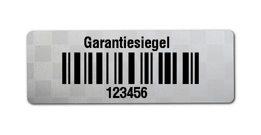 Siegeletiketten Material:Polyester-Folie Silberoptik Siegeletikette Größe:36x13mm Kopfzeile:"Garantiesiegel" Barcode:128C Stellenanzahl:6-stellig Menge:500