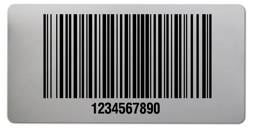 Universaletiketten Material:Polyester-Folie Silberoptik matt Größe:68x34mm Kopfzeile:"ohne" Barcode:128B Stellenanzahl:10-stellig Ausführung:1 Etikette pro Nummer Menge:1000