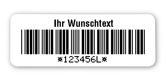 Textiletiketten Material:Patch Größe:40x15mm Kopfzeile:"Ihr Wunschtext" Barcode:Code 39 mit Prüfziffer Stellenanzahl:7-stellig Ausführung:1 Etikette pro Nummer Menge:1000