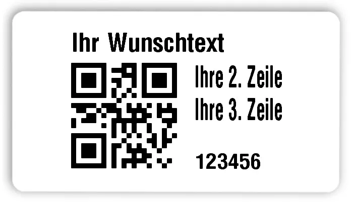 Universaletiketten Material:Folie hochglänzend weiß Größe:54x30mm Kopfzeile:"Ihr Wunschtext" Barcode:QR Stellenanzahl:6-stellig Ausführung:3 Etiketten pro Nummer Menge:300