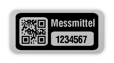 Prüfmitteletiketten Material:Folie silber matt Größe:26x12mm Kopfzeile:"Messmittel" Barcode:QR Stellenanzahl:7-stellig Ausführung:1 Etikett pro Nummer Etiketten je Rolle:100