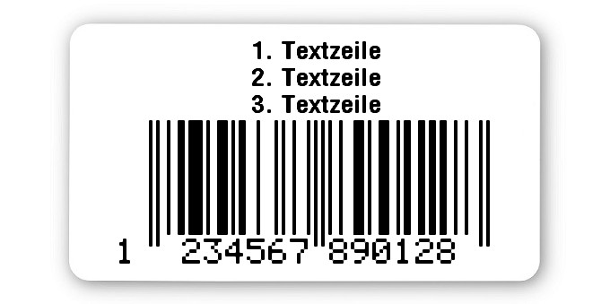 Sonderetiketten Material:Polyethylen-Folie hochglänzend weiß Größe:45x25mm Kopfzeile:"Ihr Wunschtext" Barcode:EAN 13 Stellenanzahl:13-stellig Ausführung:1 Etikette pro Nummer Menge:1000