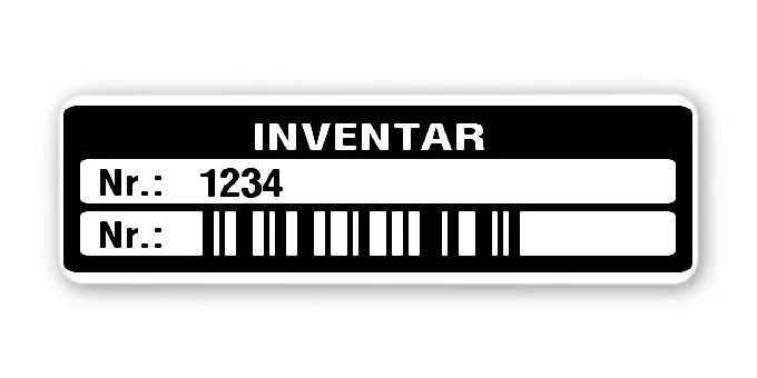 Inventaretiketten Material:Polyethylen-Folie hochglänzend weiß Größe:50x15mm Kopfzeile:"Inventar" Barcode:128C Stellenanzahl:4-stellig Menge:500