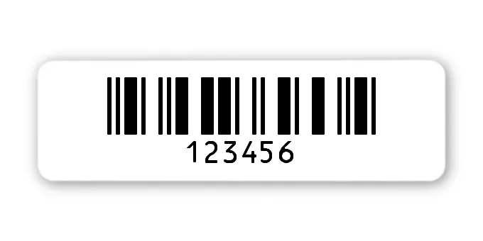 Universaletiketten Material:Polyethylen-Folie hochglänzend weiß Größe:50x15mm Kopfzeile:"ohne" Barcode:2a5 interleaved Stellenanzahl:6-stellig Ausführung:1 Etikette pro Nummer Menge:100