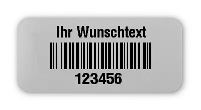 Universaletiketten Material:Folie silber matt Größe:26x12mm Kopfzeile:"Ihr Wunschtext" Barcode:128B Stellenanzahl:6-stellig Ausführung:3 Etiketten pro Nummer Menge:300