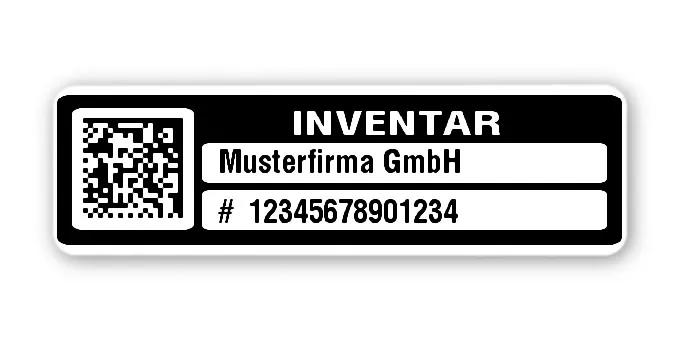 Inventaretiketten Material:Polyethylen-Folie hochglänzend weiß Größe:50x15mm Kopfzeile:"Ihr Wunschtext" Barcode:DataMatrix Stellenanzahl:14-stellig Menge:100