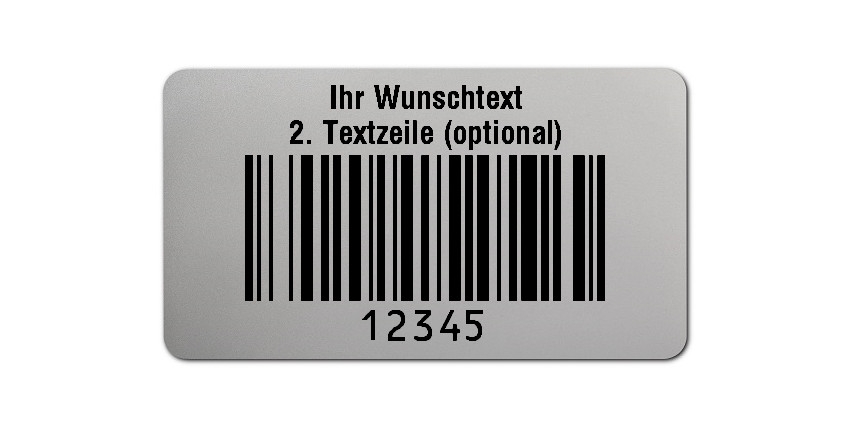 500x Prüfetiketten Folie silber, 45x25mm, 128B 5-stellig ff, Ihr Wunschtext, 1 Etikett pro Nummer