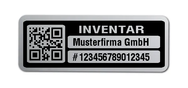 Inventaretiketten Material:Polyester-Folie Silberoptik matt Größe:40x15mm Kopfzeile:"Ihr Wunschtext" Barcode:QR Stellenanzahl:15-stellig Menge:1000