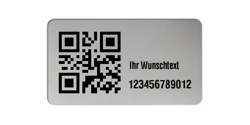 Inventaretiketten Universal Material:Polyester-Folie Silberoptik matt Größe:45x25mm Kopfzeile:"Ihr Wunschtext" Barcode:QR Stellenanzahl:12-stellig Menge:100