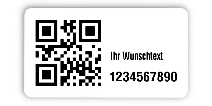 Inventaretiketten Universal Material:Polyethylen-Folie hochglänzend weiß Größe:45x25mm Kopfzeile:"Ihr Wunschtext" Barcode:QR Stellenanzahl:10-stellig Menge:500