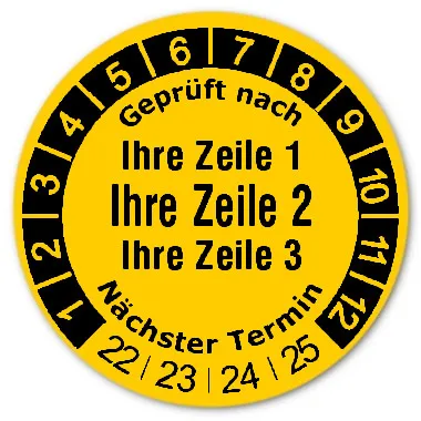 Datum Prüfetikett Material:Folie gelb Größe:Ø 30mm Kopfzeile:"Ihr Wunschtext" Barcode:ohne Stellenanzahl:ohne Ausführung:1 Etikett pro Nummer Etiketten je Rolle:1000