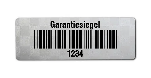 Siegeletiketten Material:Polyester-Folie Silberoptik Siegeletikette Größe:36x13mm Kopfzeile:"Garantiesiegel" Barcode:Code 39 ohne Prüfziffer Stellenanzahl:4-stellig Menge:100