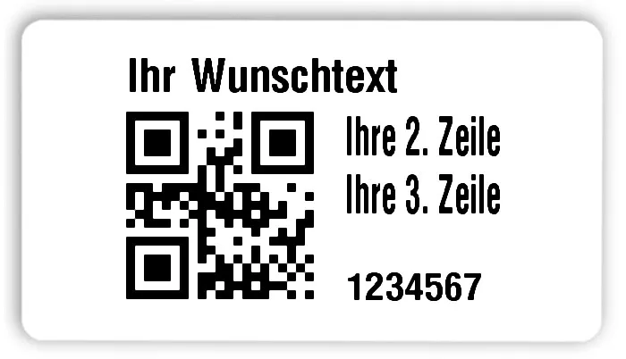 Universaletiketten Material:Folie hochglänzend weiß Größe:54x30mm Kopfzeile:"Ihr Wunschtext" Barcode:QR Stellenanzahl:7-stellig Ausführung:3 Etiketten pro Nummer Menge:300