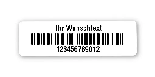 Inventaretiketten Universal Material:Folie weiß Größe:31x9mm Kopfzeile:"Ihr Wunschtext" Barcode:128C Stellenanzahl:12-stellig Ausführung:1 Etikett pro Nummer Etiketten je Rolle:500