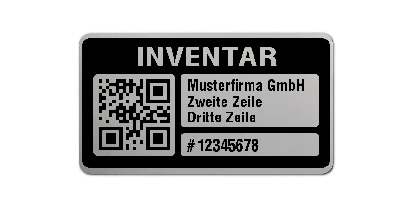 Inventaretiketten Material:Polyester-Folie Silberoptik matt Größe:45x25mm Kopfzeile:"Ihr Wunschtext" Barcode:QR Stellenanzahl:8-stellig Menge:500