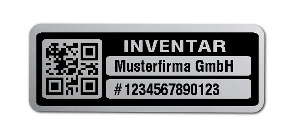 Inventaretiketten Material:Polyester-Folie Silberoptik matt Größe:40x15mm Kopfzeile:"Ihr Wunschtext" Barcode:QR Stellenanzahl:13-stellig Menge:500