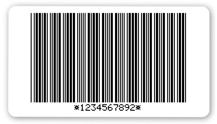 Archivierungsetiketten Material:Polyethylen-Folie hochglänzend weiß Größe:54x30mm Kopfzeile:"ohne" Barcode:Code 39 mit Prüfziffer Stellenanzahl:10-stellig Ausführung:1 Etikette pro Nummer Menge:1000