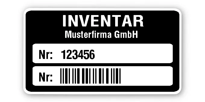 Inventaretiketten Material:Polyethylen-Folie hochglänzend weiß Größe:45x25mm Kopfzeile:"Ihr Wunschtext" Barcode:2a5 interleaved Stellenanzahl:6-stellig Ausführung:1 Etikette pro Nummer Menge:1000