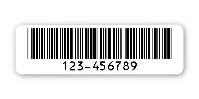 Archivierungsetiketten Material:Polyethylen-Folie hochglänzend weiß Größe:50x15mm Kopfzeile:"ohne" Barcode:Code 39 ohne Prüfziffer Stellenanzahl:9-stellig Sonderetikett:Uncodiertes Sonderzeichen Menge:1000