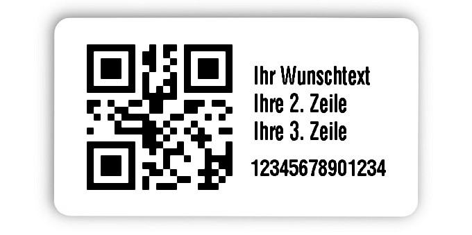 500x Etiketten Folie weiß, 45x25mm, QR 14-stellig ff, Ihr Wunschtext, 1 Etikett pro Nummer