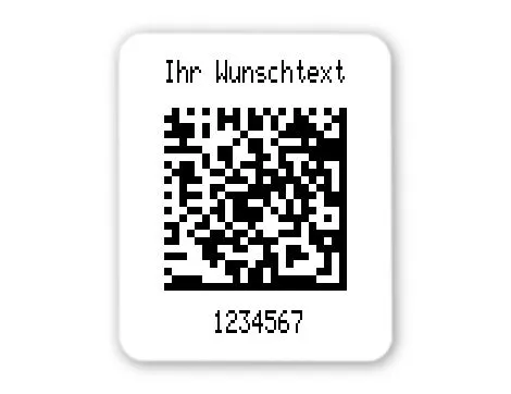 Produktbild:Universaletiketten Material:Folie weiß Größe:26x22mm Kopfzeile:"Ihr Wunschtext" Barcode:DataMatrix Stellenanzahl:7-stellig Ausführung:4 Etiketten pro Nummer Etiketten je Rolle:1000