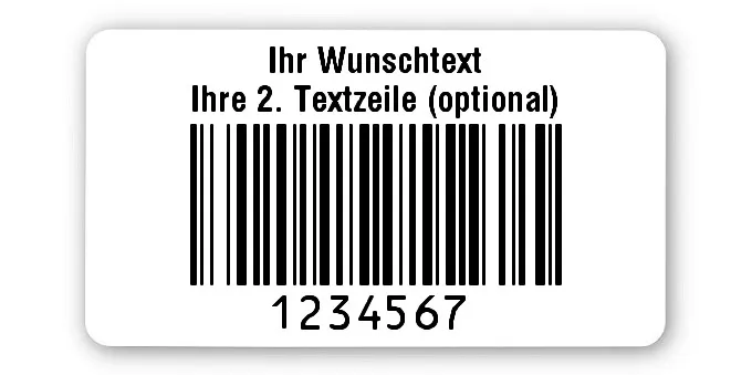 Universaletiketten Material:Polyethylen-Folie hochglänzend weiß Größe:45x25mm Kopfzeile:"Ihr Wunschtext" Barcode:128B Stellenanzahl:7-stellig Ausführung:1 Etikette pro Nummer Menge:100