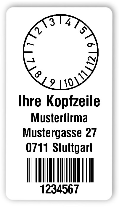300x Prüfplaketten Folie weiß, 54x30mm, 128B 7-stellig ff, Ihr Wunschtext, 1 Etikett pro Nummer