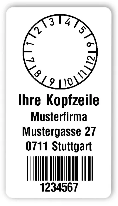 Prüfplakettenträger Material:Polyethylen-Folie hochglänzend weiß Größe:54x30mm Kopfzeile:"Ihr Wunschtext" Barcode:128B Stellenanzahl:7-stellig Ausführung:1 Etikette pro Nummer Menge:300