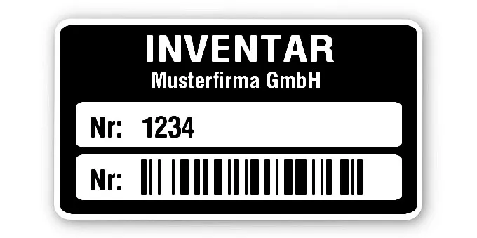 Inventaretiketten Material:Polyethylen-Folie hochglänzend weiß Größe:45x25mm Kopfzeile:"Ihr Wunschtext" Barcode:128B Stellenanzahl:4-stellig Ausführung:1 Etikette pro Nummer Menge:100