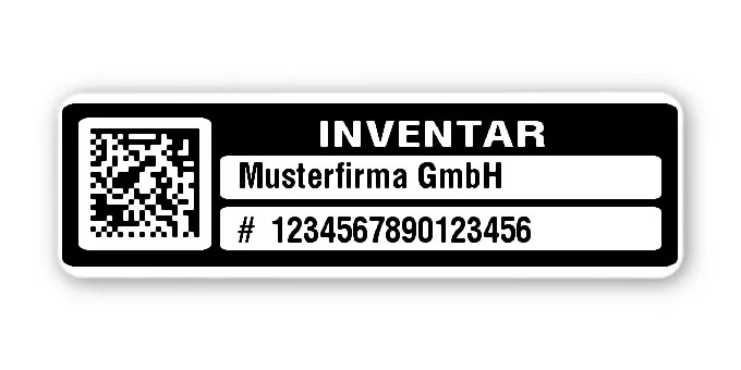 Inventaretiketten Material:Polyethylen-Folie hochglänzend weiß Größe:50x15mm Kopfzeile:"Ihr Wunschtext" Barcode:DataMatrix Stellenanzahl:16-stellig Menge:100