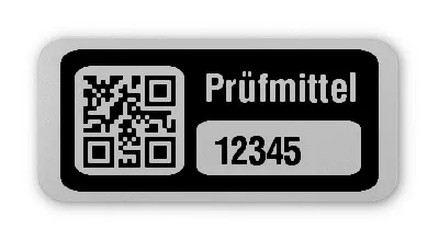Prüfmitteletiketten Material:Folie silber matt Größe:26x12mm Kopfzeile:"Prüfmittel" Barcode:QR Stellenanzahl:5-stellig Ausführung:1 Etikett pro Nummer Etiketten je Rolle:1000