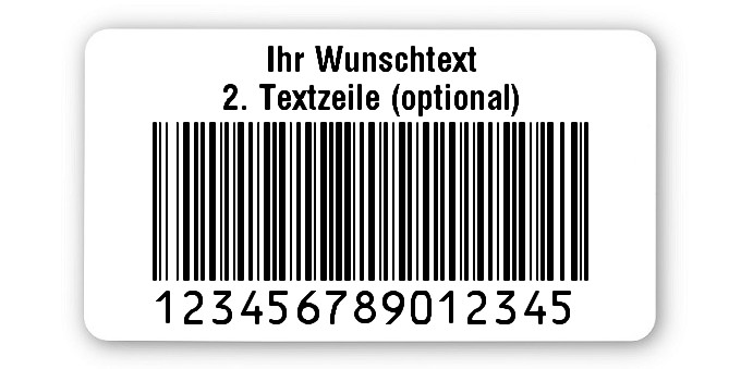 1000x Prüfetiketten Folie weiß, 45x25mm, 128B 15-stellig ff, Ihr Wunschtext, 1 Etikett pro Nummer