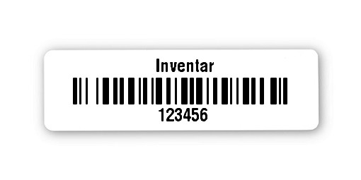 Inventaretiketten Universal Material:Folie weiß Größe:31x9mm Kopfzeile:"Inventar" Barcode:128B Stellenanzahl:6-stellig Ausführung:1 Etikett pro Nummer Etiketten je Rolle:1000