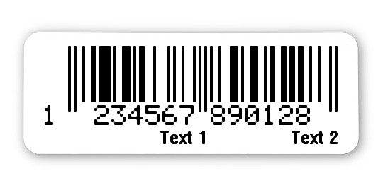 Sonderetiketten Material:Polyethylen-Folie hochglänzend weiß Größe:40x15mm Kopfzeile:"Ihr Wunschtext" Barcode:EAN 13 Stellenanzahl:13-stellig Ausführung:1 Etikette pro Nummer Menge:1000