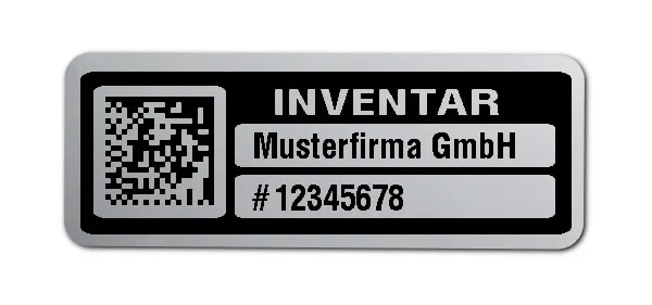 Inventaretiketten Material:Polyester-Folie Silberoptik matt Größe:40x15mm Kopfzeile:"Ihr Wunschtext" Barcode:DataMatrix Stellenanzahl:8-stellig Menge:100
