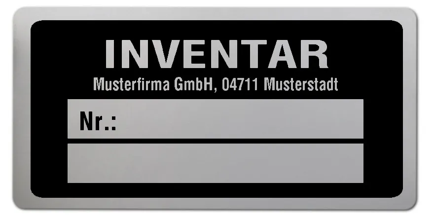 Inventaretiketten Material:Polyester-Folie Silberoptik matt Größe:68x34mm Kopfzeile:"Ihr Wunschtext" Stellenanzahl:ohne Menge:1000