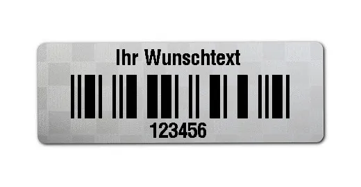Universaletiketten Material:Siegeletikett Größe:36x13mm Kopfzeile:"Ihr Wunschtext" Barcode:2a5 interleaved Stellenanzahl:6-stellig Ausführung:4 Etiketten pro Nummer Etiketten je Rolle:500