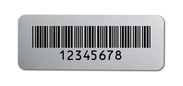 Universaletiketten Material:Polyester-Folie Silberoptik matt Größe:40x15mm Kopfzeile:"ohne" Barcode:Code 39 ohne Prüfziffer Stellenanzahl:8-stellig Ausführung:1 Etikette pro Nummer Menge:100