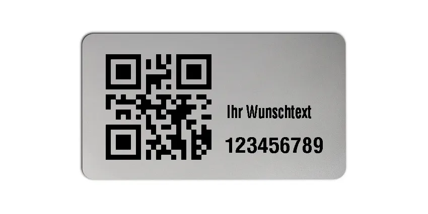 Inventaretiketten Universal Material:Polyester-Folie Silberoptik matt Größe:45x25mm Kopfzeile:"Ihr Wunschtext" Barcode:QR Stellenanzahl:9-stellig Menge:500