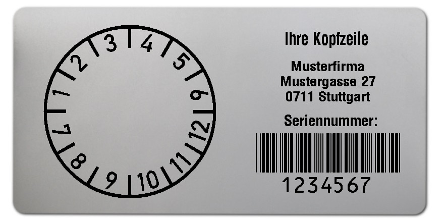 300x Prüfplaketten Folie silber, 68x34mm, 7-stellig ff, Ihr Wunschtext, 1 Etikett pro Nummer