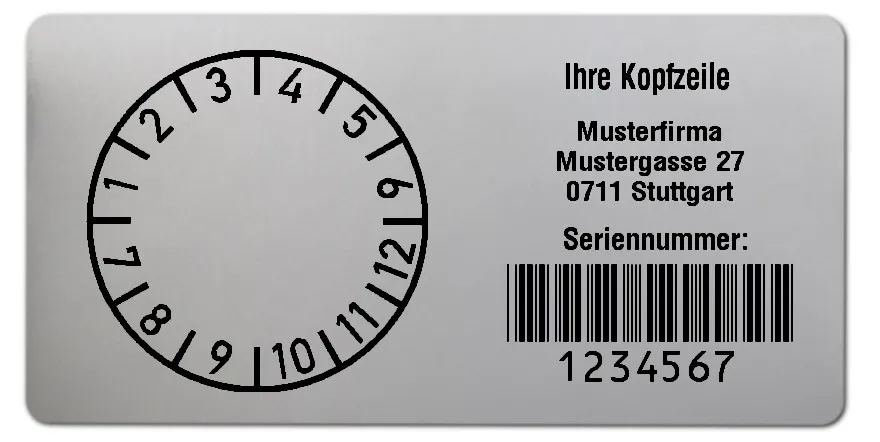 Prüfplakettenträger Material:Polyester-Folie Silberoptik matt Größe:68x34mm Kopfzeile:"Ihr Wunschtext" Barcode:Code 39 ohne Prüfziffer Stellenanzahl:7-stellig Ausführung:1 Etikette pro Nummer Menge:300