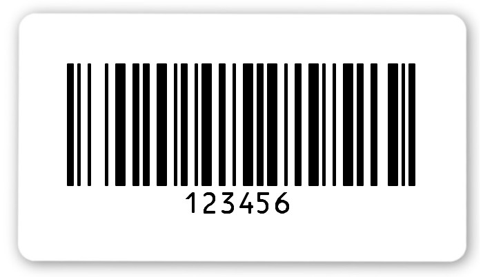 Universaletiketten Material:Folie hochglänzend weiß Größe:54x30mm Kopfzeile:"ohne" Barcode:128B Stellenanzahl:6-stellig Ausführung:2 Etiketten pro Nummer Menge:100