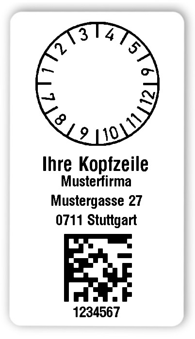 Prüfplakettenträger Material:Polyethylen-Folie hochglänzend weiß Größe:54x30mm Kopfzeile:"Ihr Wunschtext" Barcode:DataMatrix Stellenanzahl:7-stellig Ausführung:1 Etikette pro Nummer Menge:300